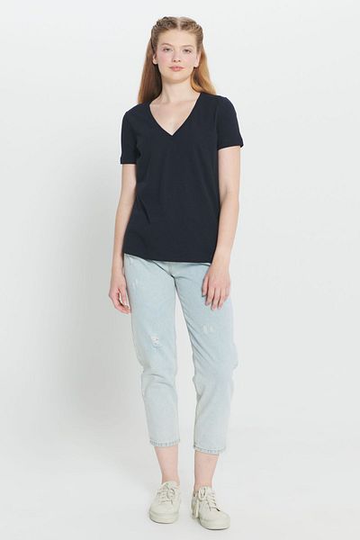 AC&Co / Altınyıldız Classics Tricou de bază pentru femei, albastru bleumarin, cu decolteu în V, 100% bumbac - Potrivire standard