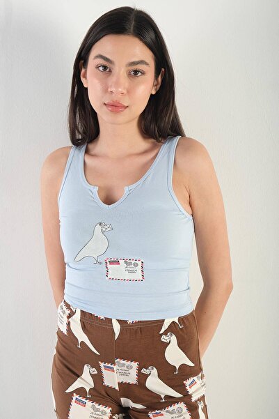 Addax Bird Printed Pajama Set with Shorts - Ş043-asn75