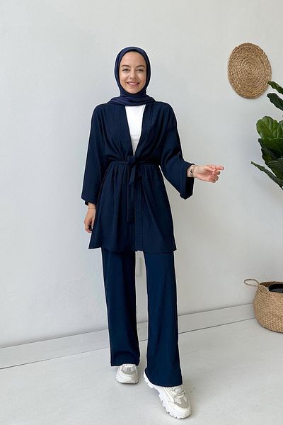 Ka Hijab Fakir Arm Belted Kimono Double Set - Navy Blue