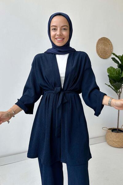 Ka Hijab Fakir Arm Belted Kimono Double Set - Navy Blue