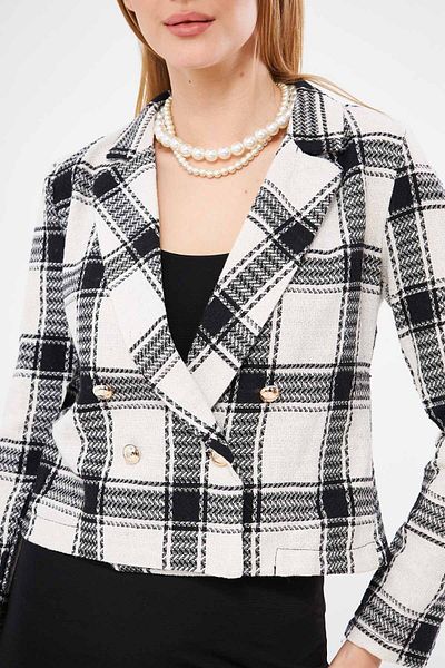 armonika Women's Ecru Double Breasted Collar Tweed Crop Jacket ARM-24K001014