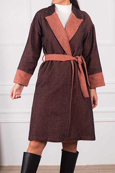 armonika Kadın Turuncu Beli Kuşaklı İki Renkli Uzun Kaşe Kaban ARM-24K001015