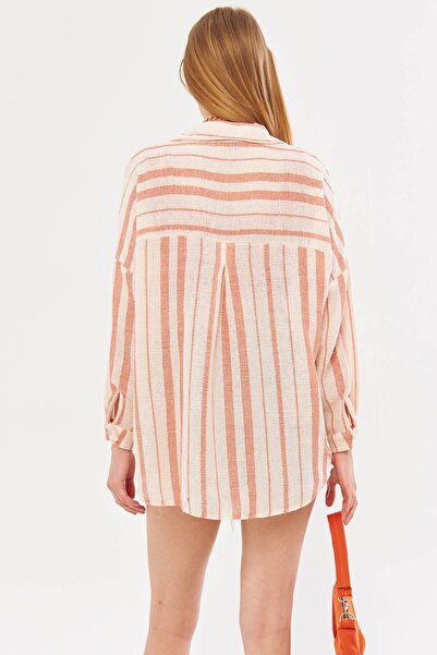 armonika Помаранчева смугаста жіноча сорочка оверсайз з довгим рукавом плісирована кишеня ззаду Детальна інформація ARM24Y001053