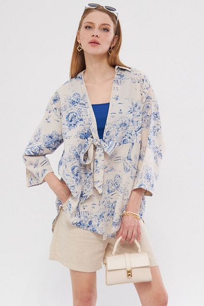 armonika Cămașă Kimono din in albastru - Cravată în față, ARM-24Y001079
