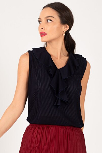 armonika Kadın Lacivert Yakası Fırfırlı Kendinden Çizgili Kolsuz Bluz ARM-22K...