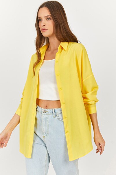 armonika Cămașă de bază lungă oversize, galben neon, pentru femei, braț-22y00...