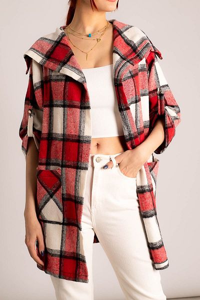 armonika Women's Red-white Plaid Casual Jacket with Pockets Arm-22y001160