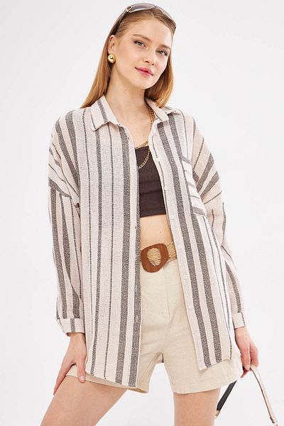 armonika Hnědá dámská košile s dlouhým rukávem, plisovaná záda, detailní pruhovaná oversize - ARM-24Y001053