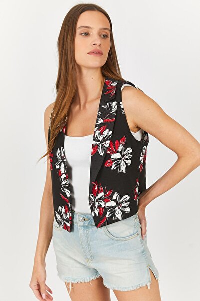 armonika Women's Red Patterned Buttonless Crop Vest Arm-23y001074
