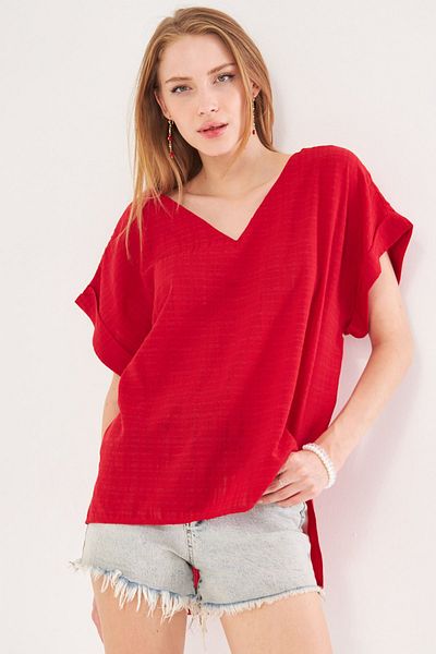 armonika Red V-Neck Slit Long Double Sleeve Oversize Blouse - ARM-24Y001074