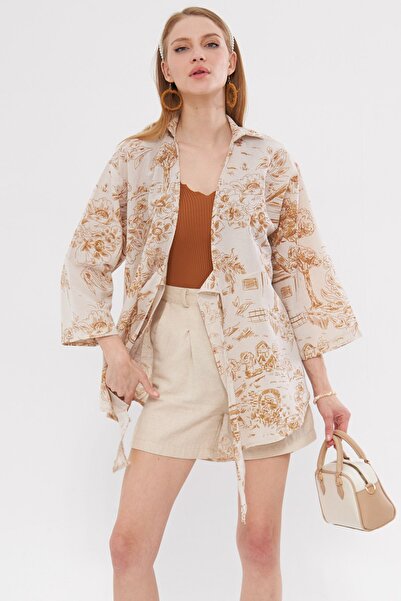 armonika Cămașă kimono din in maro deschis - cravată în față, ARM-24Y001079