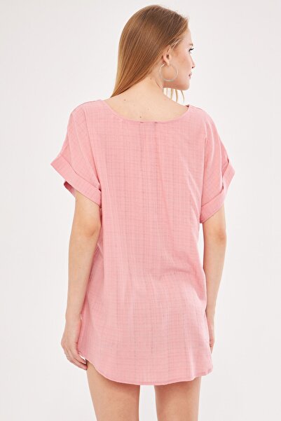 armonika Dried Rose V-Neck Slit Double Sleeve Oversize Women's Blouse - ARM-24Y001074