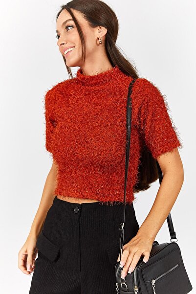 armonika Pulover de damă portocaliu cu paiete cu barbă, cu jumătate de gât țe...