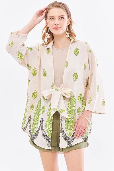 armonika Cămașă kimono suculentă cu model verde fistic - aspect de in ARM-24Y 001092