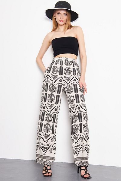 armonika Schwarz-grau gemusterte Palazzo-Hose aus Leinen – mit Taschen, ARM-24Y001069
