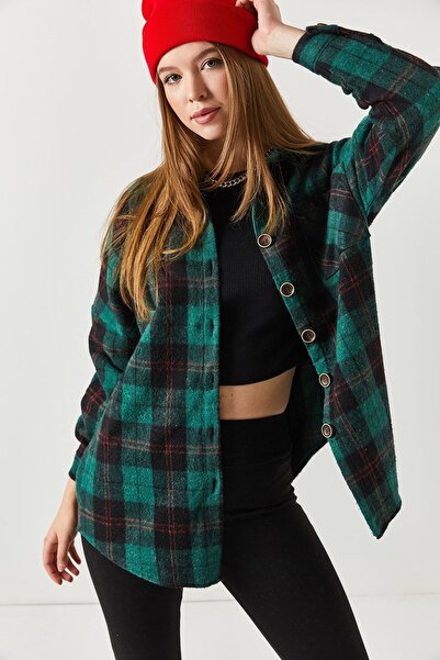 armonika Дамска тъмнозелена карирана риза с големи размери с джоб ARM-22Y001199