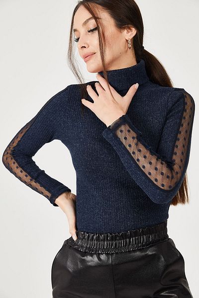armonika Női sötétkék nyakú ujjú csipke részletes kötöttáru pulóver ARM-21K001056