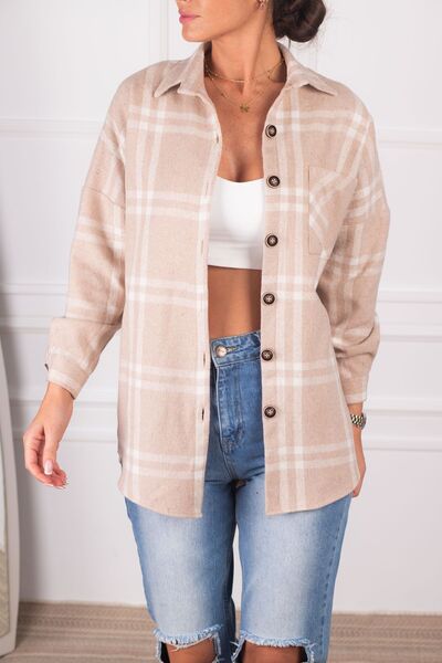 armonika Ženska krem košulja od kašmira sa kariranim uzorkom i velikim džepov...