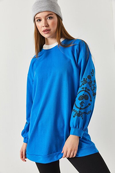 armonika Γυναικείο Μπλε μανίκι ανάγλυφο με στρογγυλή λαιμόκοψη ARM-21K024033