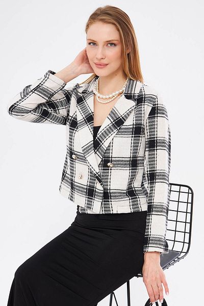 armonika Women's Ecru Double Breasted Collar Tweed Crop Jacket ARM-24K001014