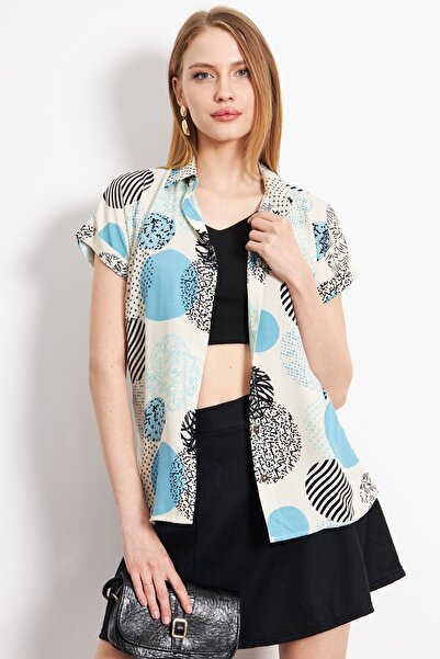 armonika Turquoise Patterned Women's Shirt - Short Sleeve, ARM-22Y001052