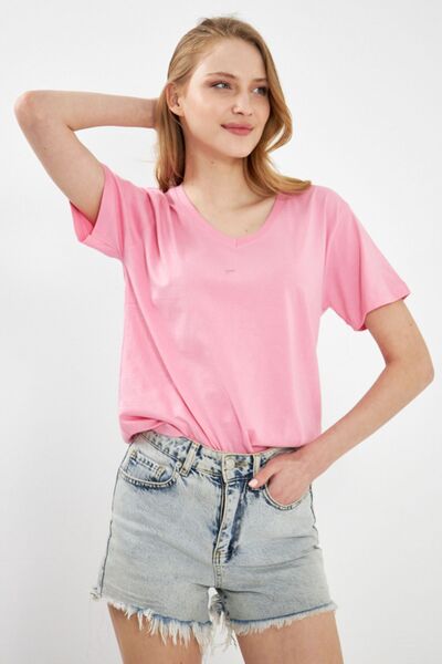 armonika Women's Pink V-Neck T-Shirt ARM-23Y024002