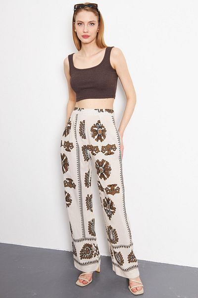 armonika Linen Patterned Dark Khaki Palazzo Trousers - Pocketed, ARM-24Y001069