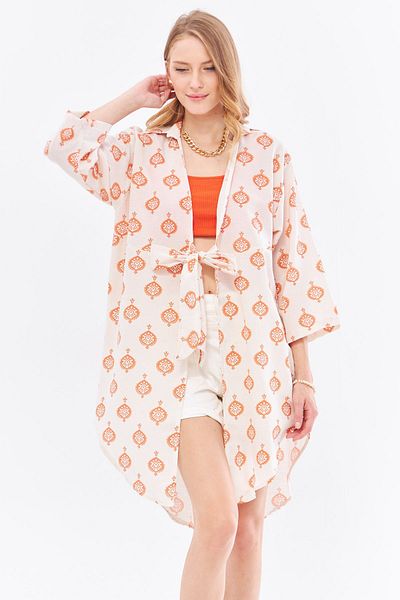 armonika Kimono Midi din in portocaliu - Cravata fata, ARM-24Y001096