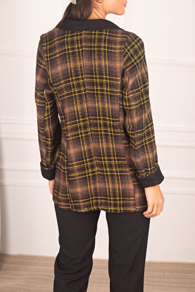 armonika Women's Brown Collar Detailed Plaid Oversize Cashew Jacket ARM-24K001029