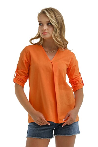 armonika Γυναικεία πορτοκαλί λαιμόκοψη με πιέτα με λεπτομερή μανίκια μπλούζα ...