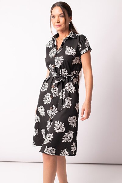 armonika Rochie cămașă cu mânecă scurtă pentru femei, cu model de frunze negr...