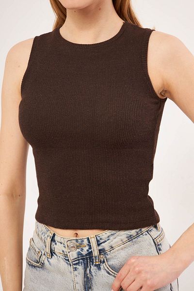 armonika Women's Brown Crew Neck Sleeveless Ribbed Blouse ARM-24Y133005