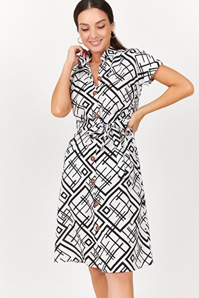 armonika Γυναικείο λευκό τετράγωνο μοτίβο δέσιμο στη μέση κοντομάνικο πουκάμι...