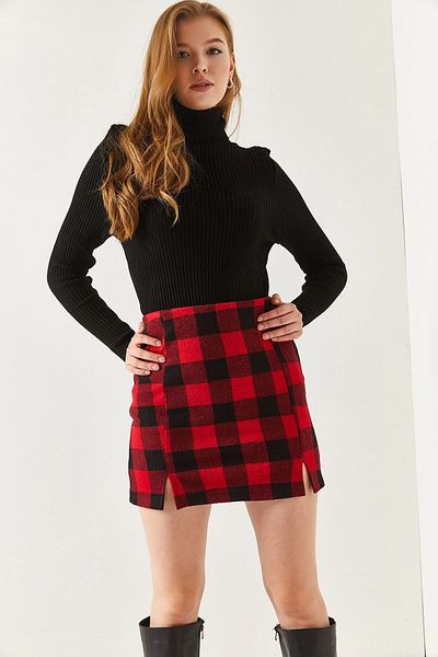 armonika Women's Plaid Pattern Stitched Slit Mini Skirt Arm-22y001196