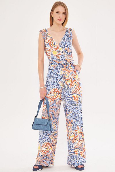 armonika Indigo Double Breasted Women's Long Jumpsuit with Collar and Shoulder Detail - V Belted, ARM-24Y001049