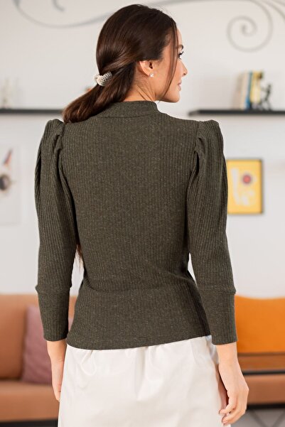armonika Pulover de damă kaki cu mâneci pepene verde ARM-20K001103