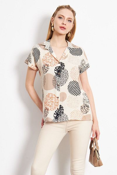 armonika Hellbeige gemustertes Damenhemd - Kurzarm ARM-22Y001052