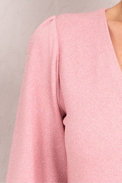 armonika Női púderszoknya, részletes V-nyakú ezüstös miniruha ARM-24K001050