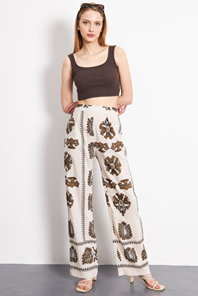 armonika Linen Patterned Dark Khaki Palazzo Trousers - Pocketed, ARM-24Y001069