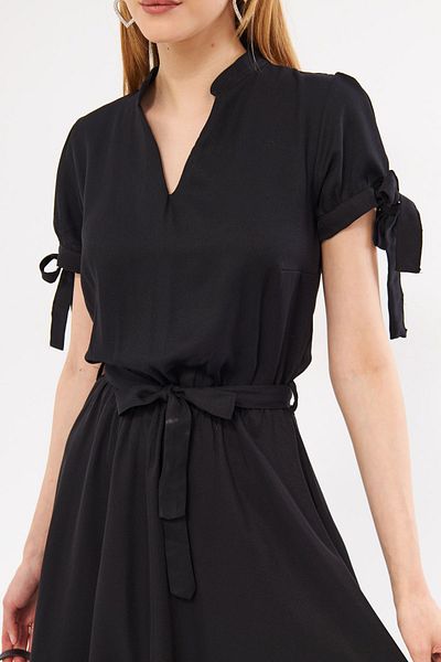 armonika Black Short Dress - Prevailing Collar, Lace-up Sleeve and Elastic Waist ARM-23Y001088
