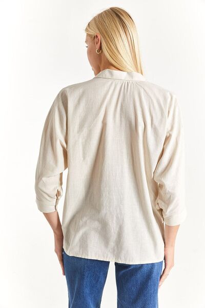 armonika Women's Light Beige Loose Linen Shirt with Pockets Arm-21y001035