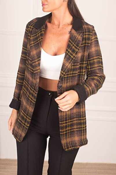 armonika Women's Brown Collar Detailed Plaid Oversize Cashew Jacket ARM-24K001029
