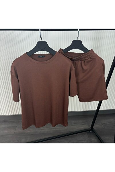 NO 601 Σετ ανδρικό μπλουζάκι και σορτς σε καφέ ραβδώσεις