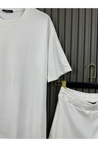 NO 601 Σετ ανδρικό μπλουζάκι και σορτς από λευκό κορδόνι από ύφασμα