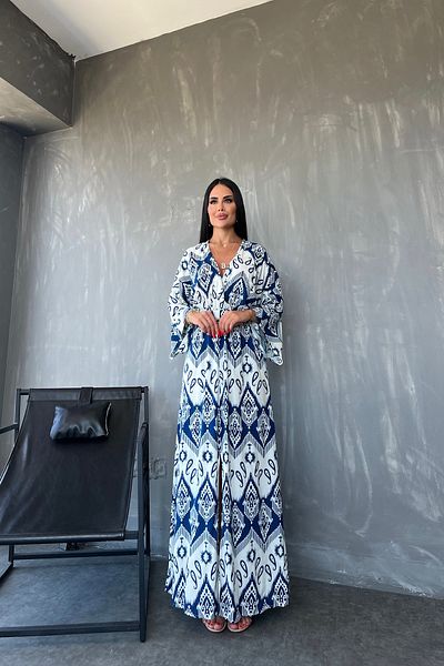 kamacibutik Rochie de vară din viscoză cu model etnic cu guler dublu - Detaliu cu fantă