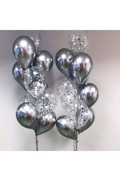 asöy Chrome Shiny Silver Balloon Transparent Balloon with Silver Sequin