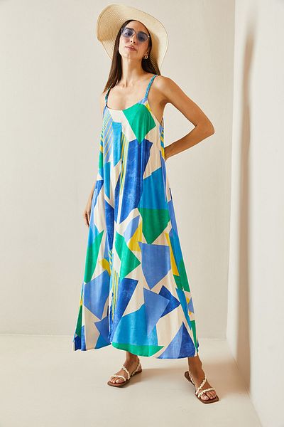 XHAN Blue Thin Strap Patterned Maxi Dress 5Yxk6-48878-12