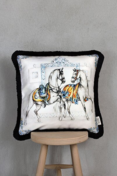 Alseko Concept Model Twin Horses - Husă de pernă pătrată neagră cu smocuri de...