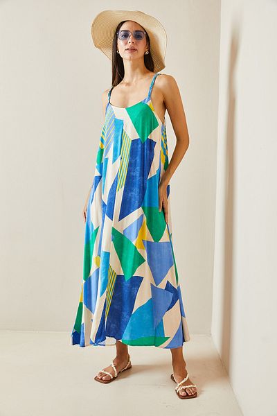 XHAN Blue Thin Strap Patterned Maxi Dress 5Yxk6-48878-12