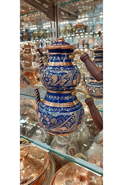 Bakır Center Bakır Çaydanlık El Işlemesi Çiçek Desenli Mavi Renk İşlemeli Büyük Aile Boy Bakır Demlik